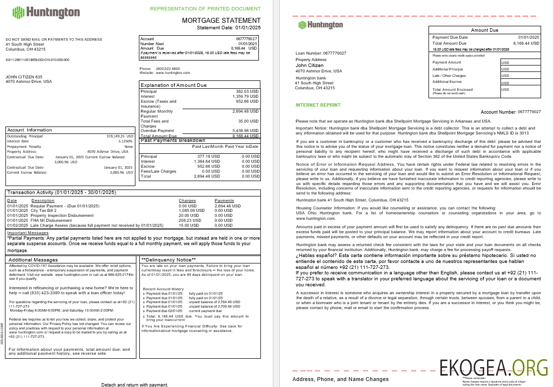 États , Unis Ohio Huntington relevé hypothécaire de la banque aux formats Word et PDF, 3 pages 1 , 2